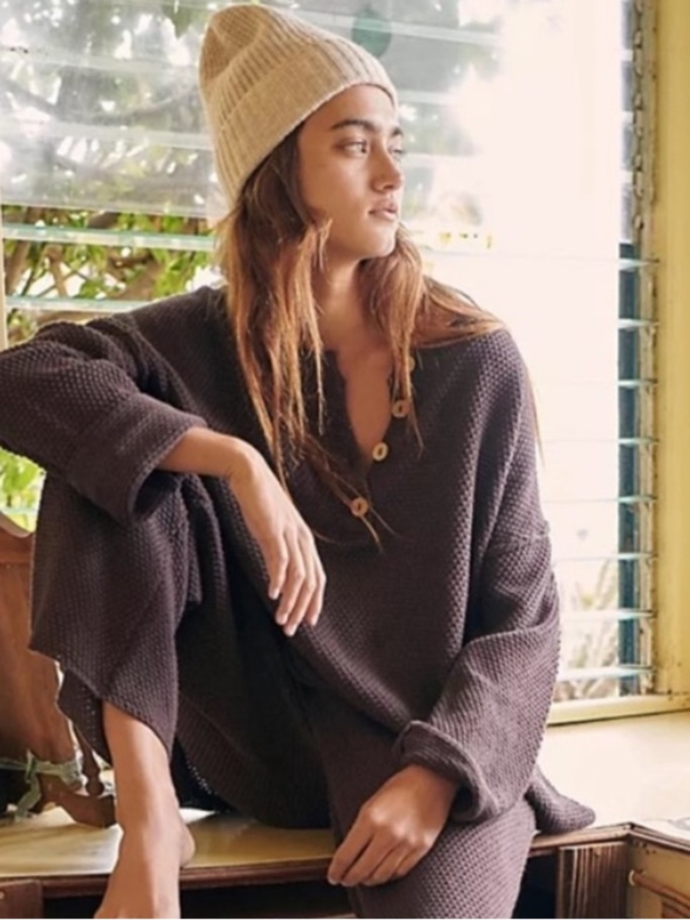 Free People Beach Hailee Henley Sweater in Hot Fudge Brown Size Large - Picture 2 of 8